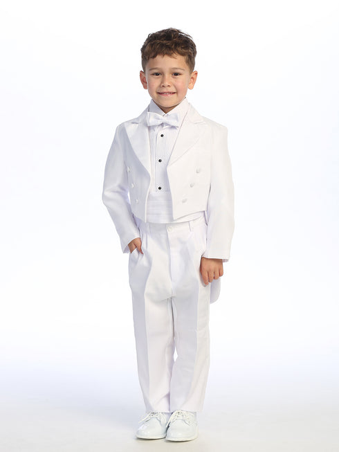Little Boys White Peak Collar Round Split Tail Elegant 5 Pc Tuxedo Suit 2T-7